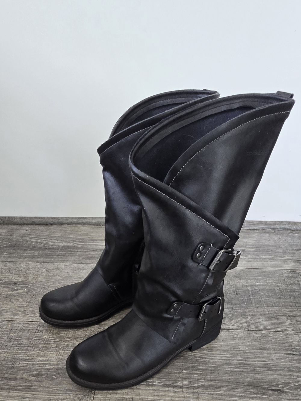 Coolway Women’s Black Leather Knee-High Moto Boots Double Buckle Side Zip #580